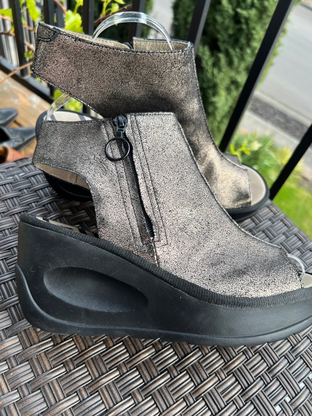 FLY London Metallic Pewter Open-Toe Wedge Sandal